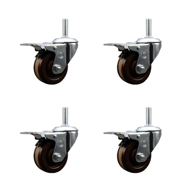 3 Inch High Temp Phenolic 34 Inch Stem Caster Set with Total Lock Brake